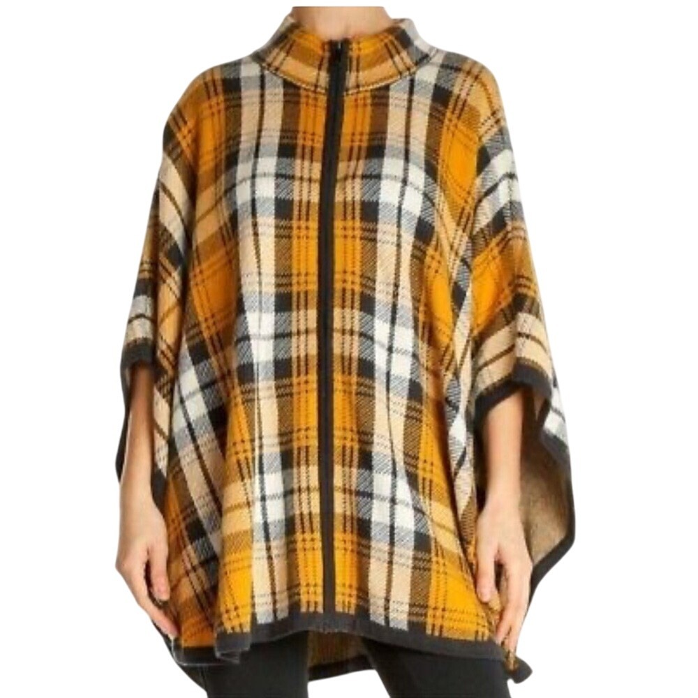 JONES NEW YORK SIGNATURE Plaid Zip Front Poncho Women S M Yellow Black White